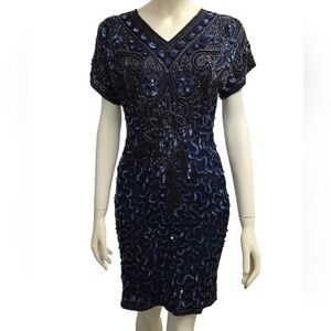 Vintage Silk Blue Beaded Sequin Dress